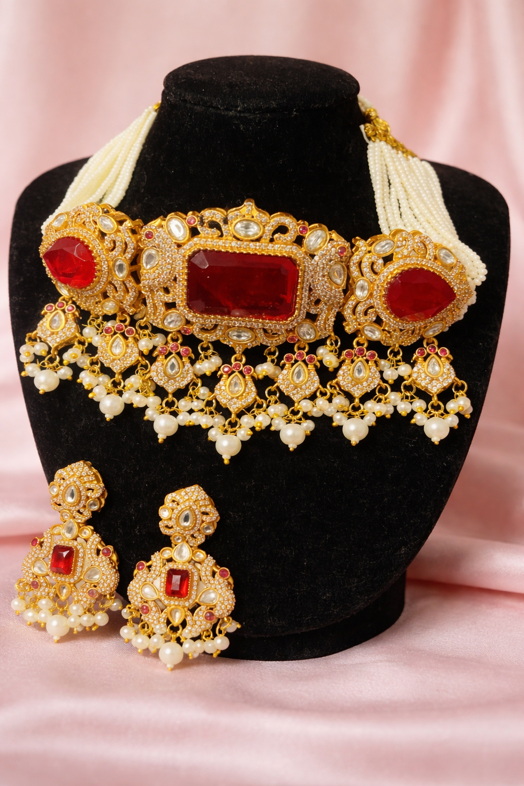 Royal Red gold Choker Set with Earrings | Kaur Creations
