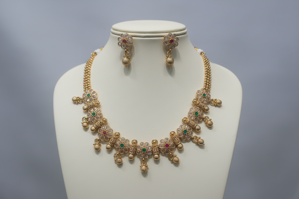 Traditional Gold Necklace Set with Earrings