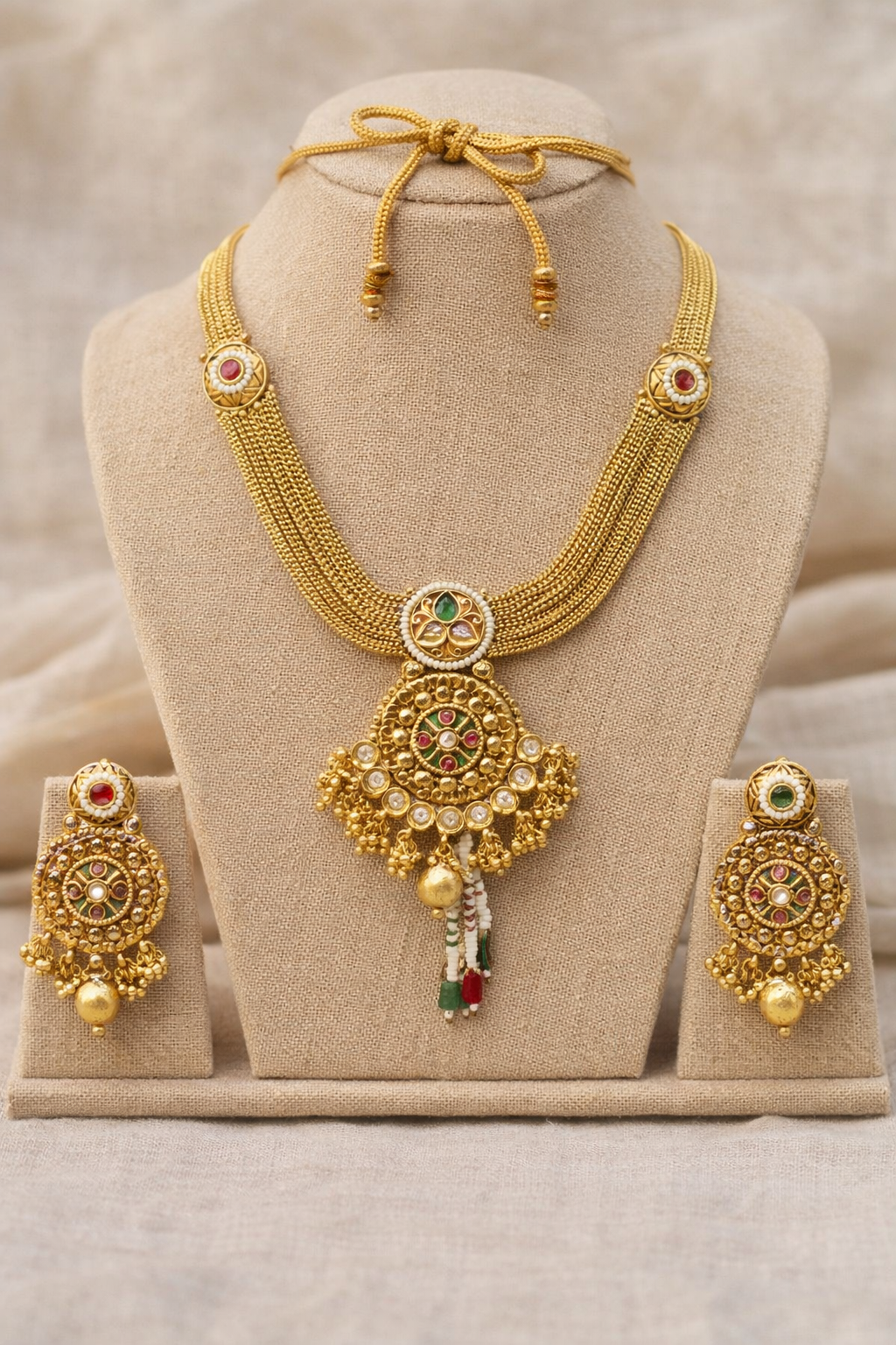 Royal Antique Gold Plated Multi-Layer Necklace Set with Earrings